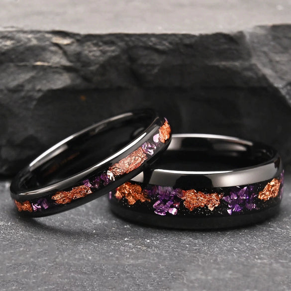 Wide Black Tungsten Steel Rings With Crushed Gold Foil And Amethyst Inlay Electroplated Minimalist Geometric Unisex Jewelry
