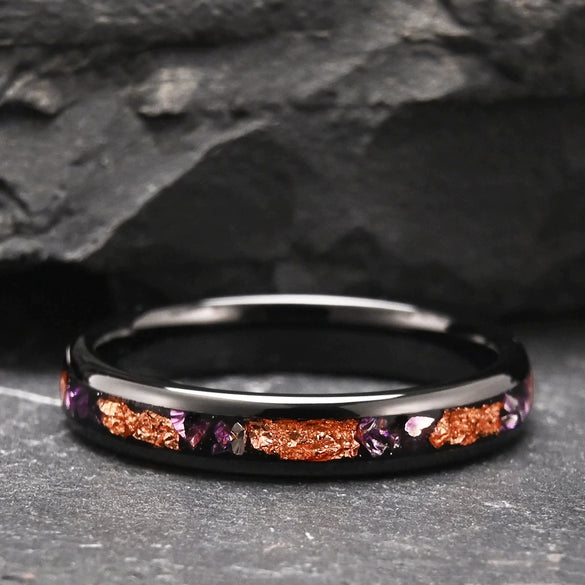 Wide Black Tungsten Steel Rings With Crushed Gold Foil And Amethyst Inlay Electroplated Minimalist Geometric Unisex Jewelry
