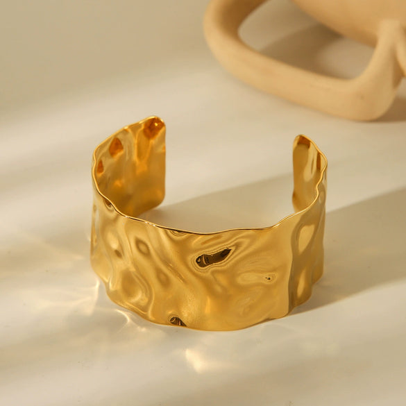 Wide Bump Stainless Steel Geometric Open Bracelet For Women 18K Gold Plated