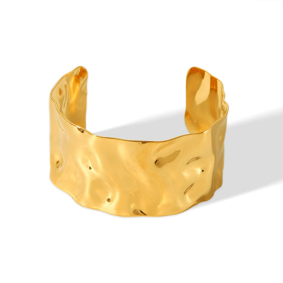 Wide Bump Stainless Steel Geometric Open Bracelet For Women 18K Gold Plated
