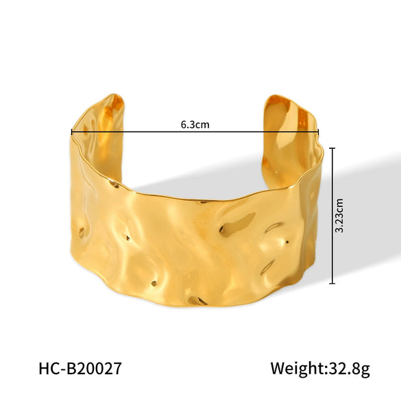 Wide Bump Stainless Steel Geometric Open Bracelet For Women 18K Gold Plated