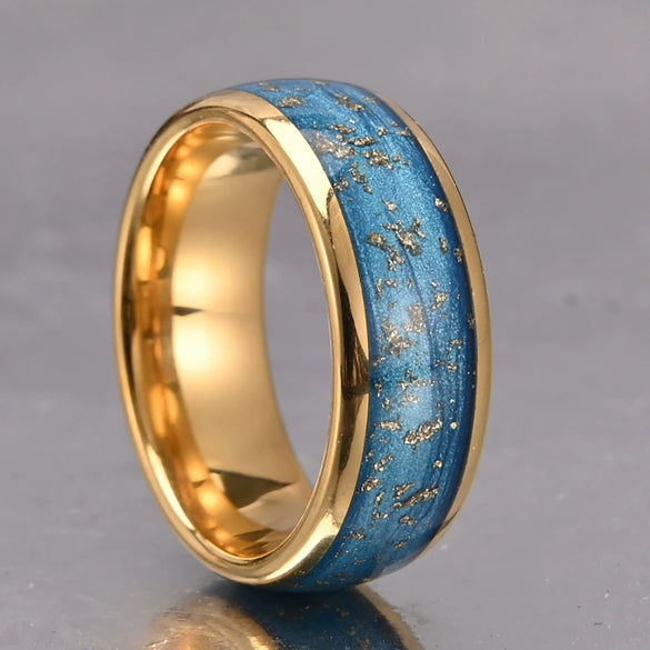 Wide Curved Goldplated Tungsten Steel Ring With Blue Liquid Gold Foil Geometric Minimalist Design For Unisex Jewelry
