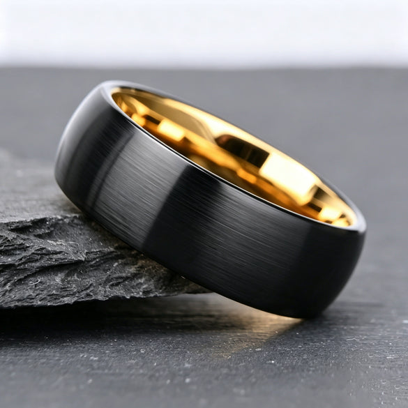 Wide Curved Twotone Tungsten Steel Ring With Black And Gold Electroplated Brushed Finish Geometric Unisex Jewelry