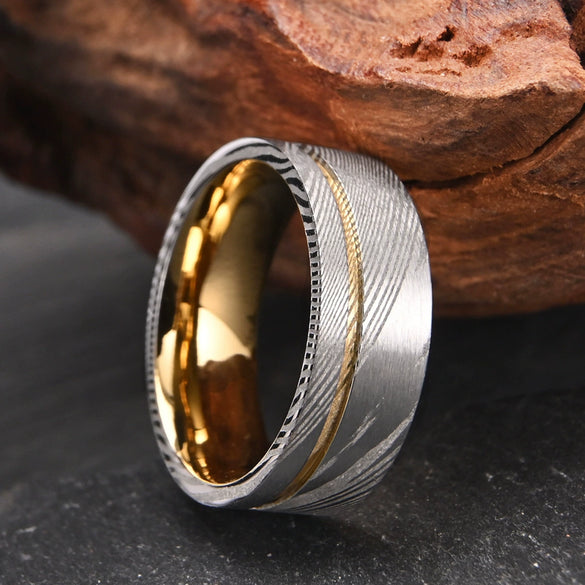 Wide Damascus Steel Ring With Gold Plated Finish Minimalist Geometric Unisex Jewelry Accessory