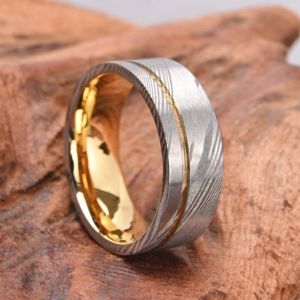 Wide Damascus Steel Ring With Gold Plated Finish Minimalist Geometric Unisex Jewelry Accessory