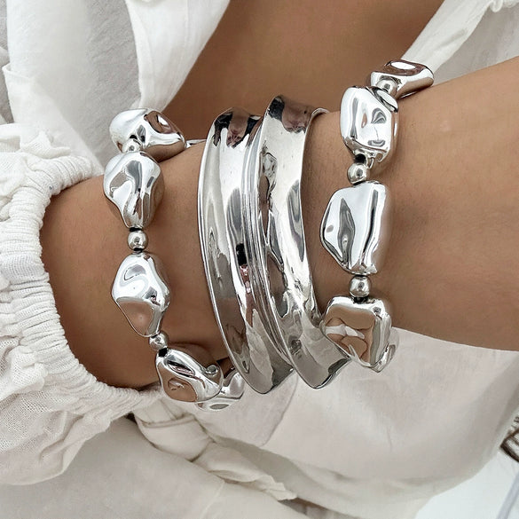 Wide Face Bracelet Metallic Irregular Geometric Ccb Beaded Electroplated