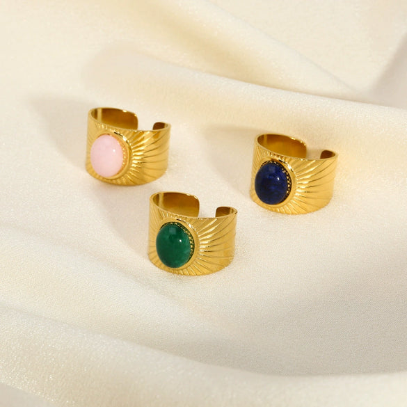Wide Face Screw Twill Open Oval Ring Stainless Steel With Natural Stone Vintage Style Pvdp Furnace Real Gold Treatment For Women