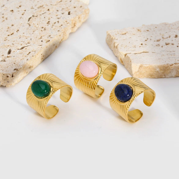 Wide Face Screw Twill Open Oval Ring Stainless Steel With Natural Stone Vintage Style Pvdp Furnace Real Gold Treatment For Women