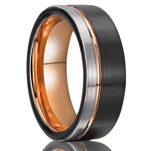 Wide Flat Tungsten Steel Ring With Electroplated Two Tone Black And Rose Gold Finish Minimalist Geometric Unisex Jewelry