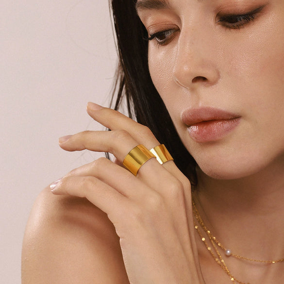 Wide Glazed Open Ring Cold Style Simple Stainless Steel Pvd Plated 18K True Gold Geometric Women's Food Finger Ring