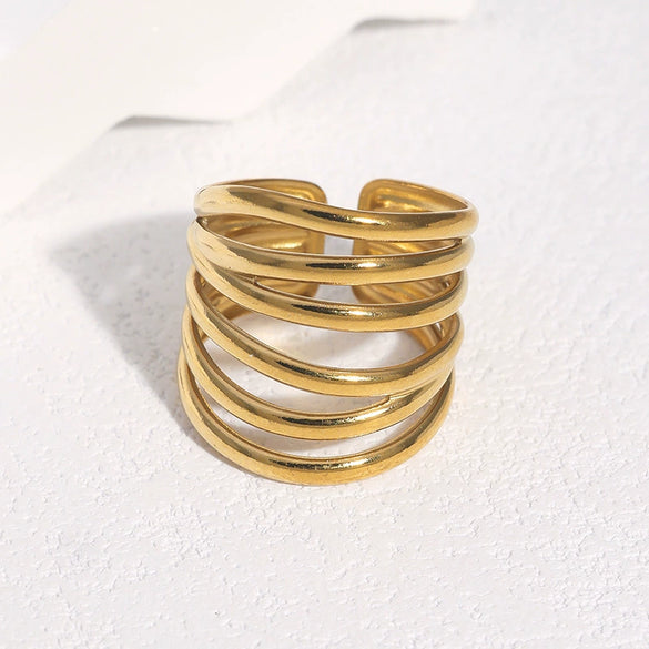 Wide Gold Plated Stainless Steel Open Ring For Women With Hollow Geometric Lines In Minimalist Style