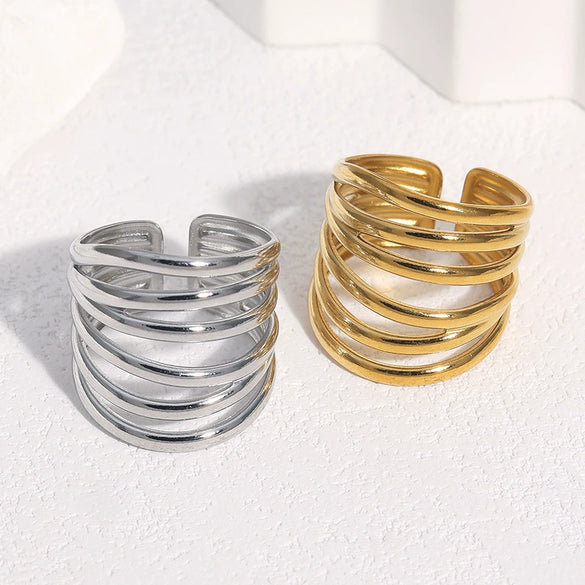 Wide Gold Plated Stainless Steel Open Ring For Women With Hollow Geometric Lines In Minimalist Style