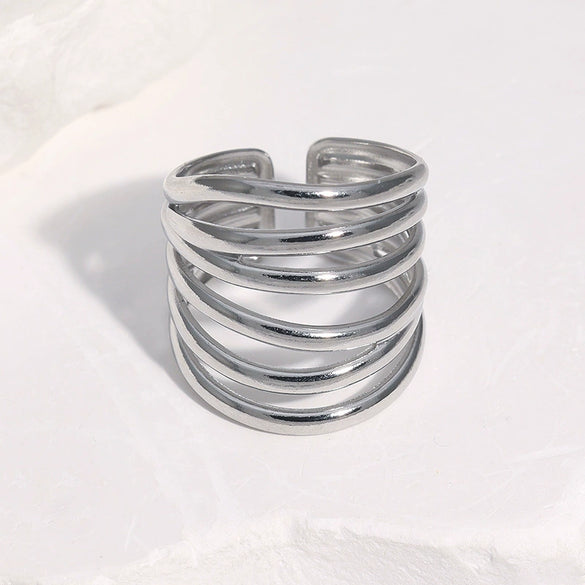 Wide Gold Plated Stainless Steel Open Ring For Women With Hollow Geometric Lines In Minimalist Style