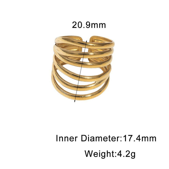Wide Gold Plated Stainless Steel Open Ring For Women With Hollow Geometric Lines In Minimalist Style