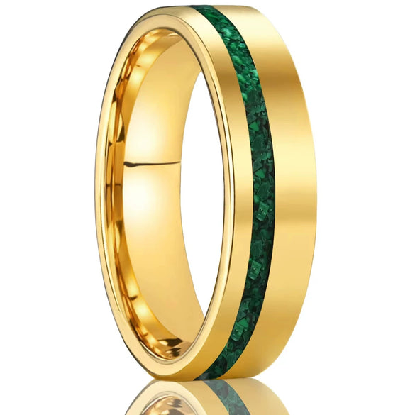 Wide Goldplated Tungsten Steel Rings With Green Malachite Geometric Design For Couples Minimalist Unisex Jewelry