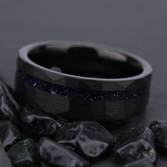 Wide Hammered Black Tungsten Steel Ring With Crushed Blue Sandstone Detail And Goldtoned Electroplated Finish Minimalist Geometric Unisex Jewelry