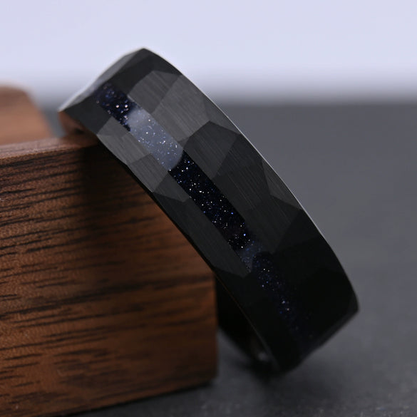 Wide Hammered Black Tungsten Steel Ring With Crushed Blue Sandstone Detail And Goldtoned Electroplated Finish Minimalist Geometric Unisex Jewelry