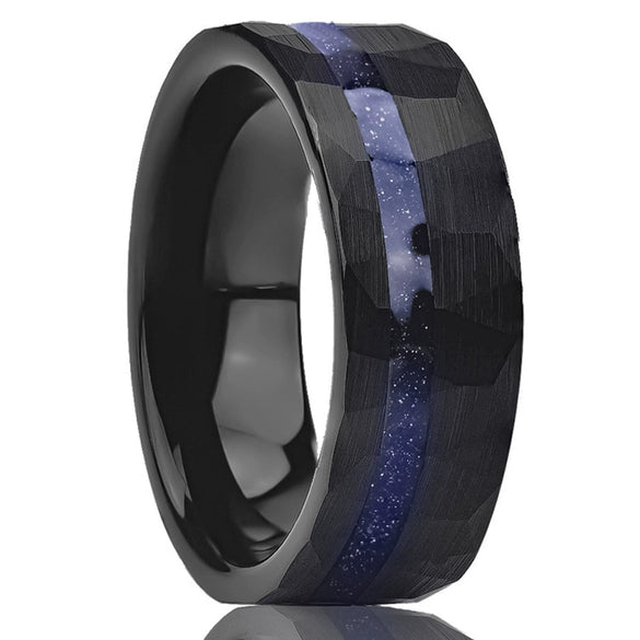 Wide Hammered Black Tungsten Steel Ring With Crushed Blue Sandstone Detail And Goldtoned Electroplated Finish Minimalist Geometric Unisex Jewelry