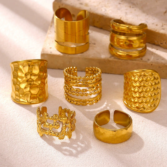 Wide Hollow Gold Plated Titanium Steel Open Ring With Irregular Ushaped Cross And Line Design Unisex Geometric Jewelry