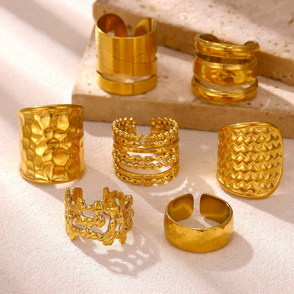 Wide Hollow Gold Plated Titanium Steel Open Ring With Irregular Ushaped Cross And Line Design Unisex Geometric Jewelry