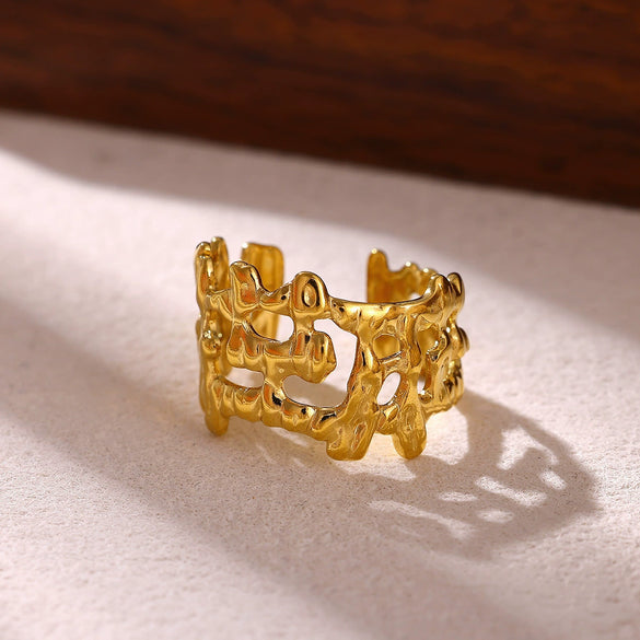 Wide Hollow Gold Plated Titanium Steel Open Ring With Irregular Ushaped Cross And Line Design Unisex Geometric Jewelry
