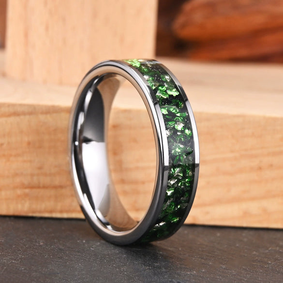 Wide Minimalist Geometric Gold Tone Tungsten Steel Ring Set With Green Crystal Accents Unisex Electroplated Jewelry