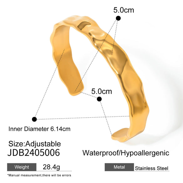 Wide Open Wave Hammer Stainless Steel Bracelet With 18K Gold Electroplating And Geometric Style