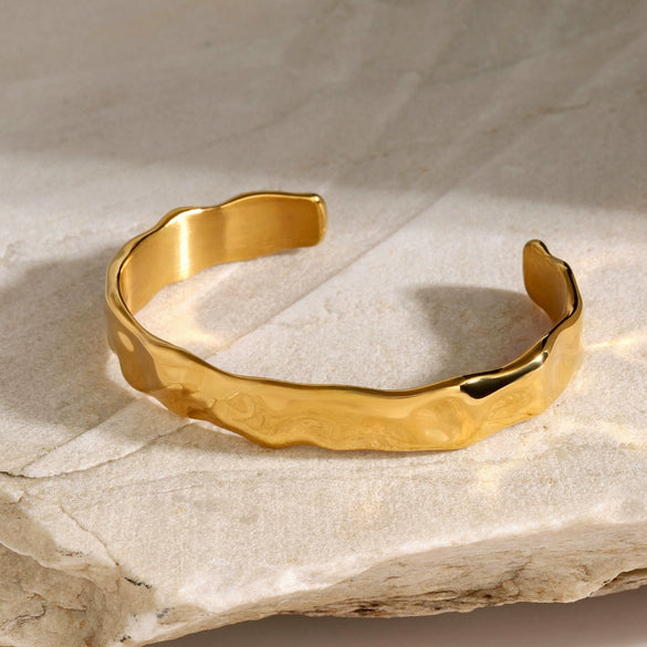 Wide Open Wave Hammer Stainless Steel Bracelet With 18K Gold Electroplating And Geometric Style