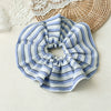 Wide Striped Blue Fabric Handmade Scrunchie For Women With Pleated Edge And High Elasticity
