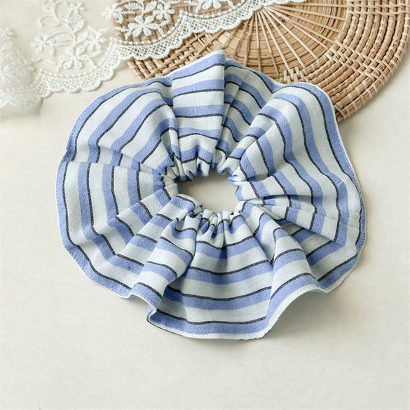 Wide Striped Blue Fabric Handmade Scrunchie For Women With Pleated Edge And High Elasticity