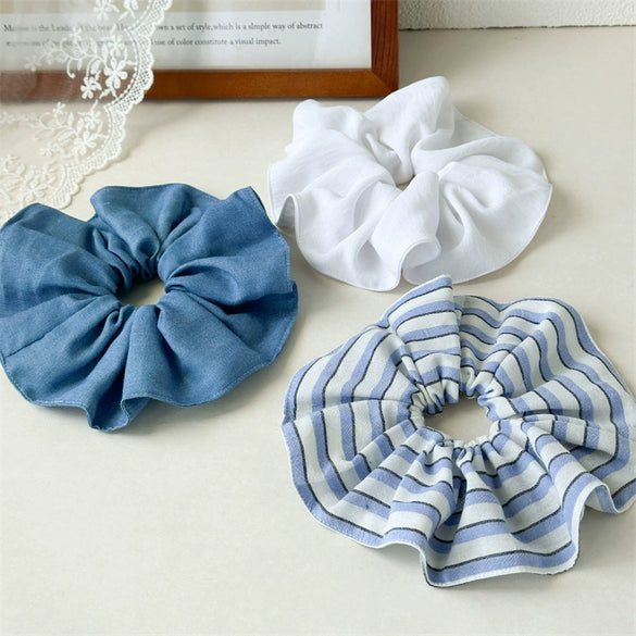 Wide Striped Blue Fabric Handmade Scrunchie For Women With Pleated Edge And High Elasticity