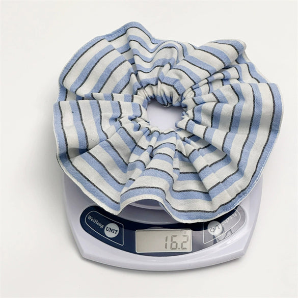 Wide Striped Blue Fabric Handmade Scrunchie For Women With Pleated Edge And High Elasticity