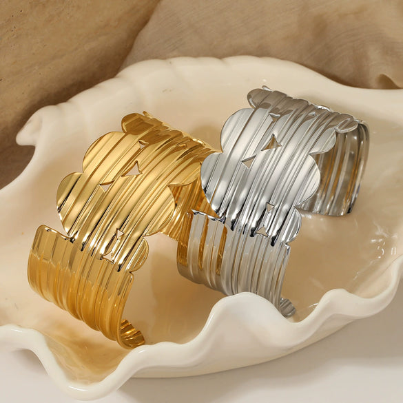 Wide Texture Open Bracelet Stainless Steel Exaggerated Fashion Geometric Electroplated Jewelry