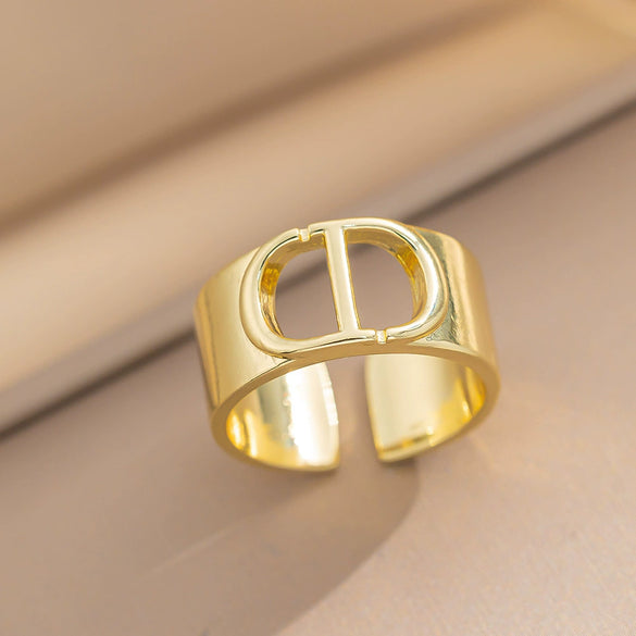Wide Titanium Steel C Shaped Adjustable Opening Ring With Letter Design And Electroplating Treatment Light Luxury And Simple Fashion For Women