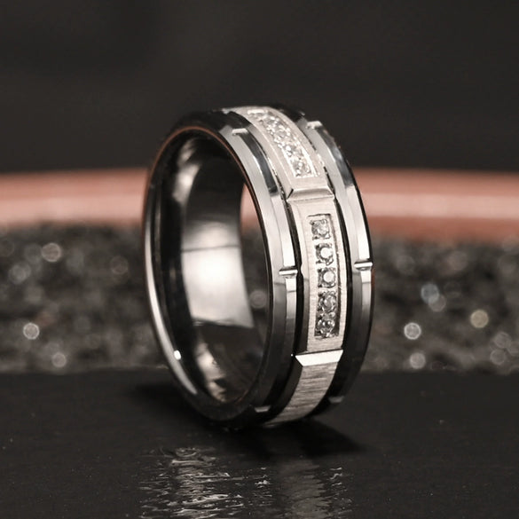 Wide Tungsten Steel Geometric Diamond Combination Ring With Electroplated Finish For Men And Women Minimalist Jewelry