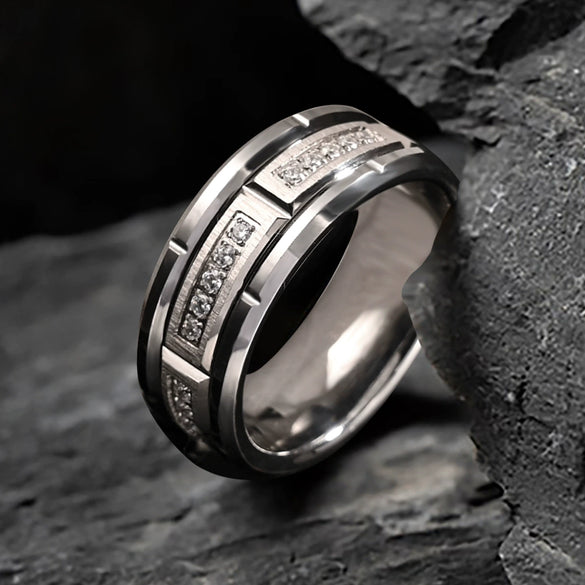 Wide Tungsten Steel Geometric Diamond Combination Ring With Electroplated Finish For Men And Women Minimalist Jewelry