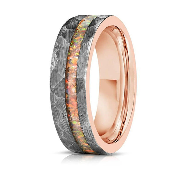 Wide Tungsten Steel Hammered Rings With Crushed Opal Detail Rose Gold Electroplated Finish Minimalist Geometric Unisex Couple Jewelry