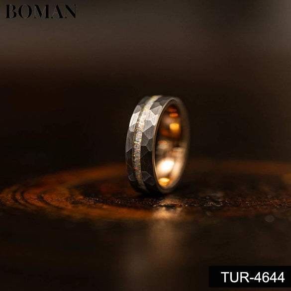 Wide Tungsten Steel Hammered Rings With Crushed Opal Detail Rose Gold Electroplated Finish Minimalist Geometric Unisex Couple Jewelry