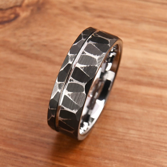 Wide Tungsten Steel Ring With Flat Hammered Geometric Pattern And Black Antique Electroplated Finish For Unisex Minimalist Jewelry