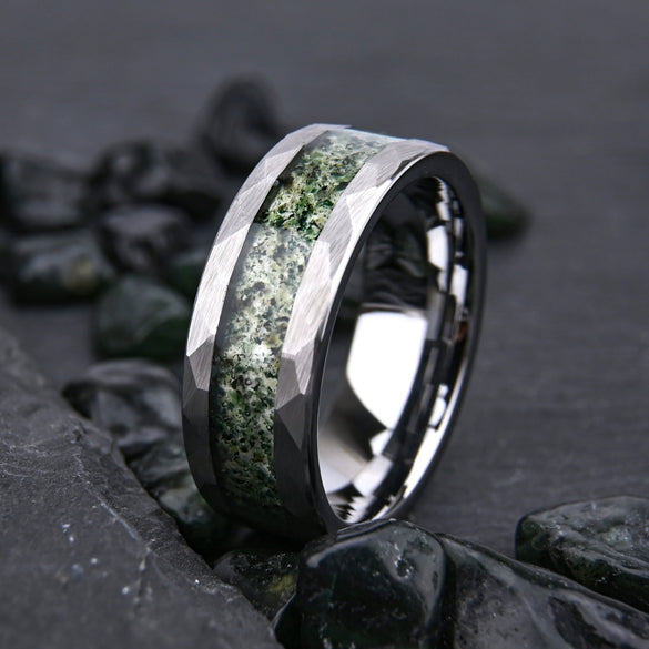 Wide Tungsten Steel Ring With Flat Hammered Texture And Water Grass Stone Inlay Minimalist Geometric Unisex Jewelry