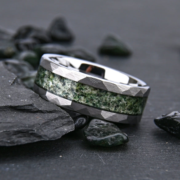 Wide Tungsten Steel Ring With Flat Hammered Texture And Water Grass Stone Inlay Minimalist Geometric Unisex Jewelry