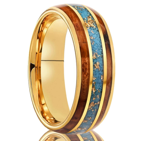 Wide Tungsten Steel Ring With Gold Electroplated Finish Turquoise And Wood Inlay Geometric Unisex Light Luxury Jewelry