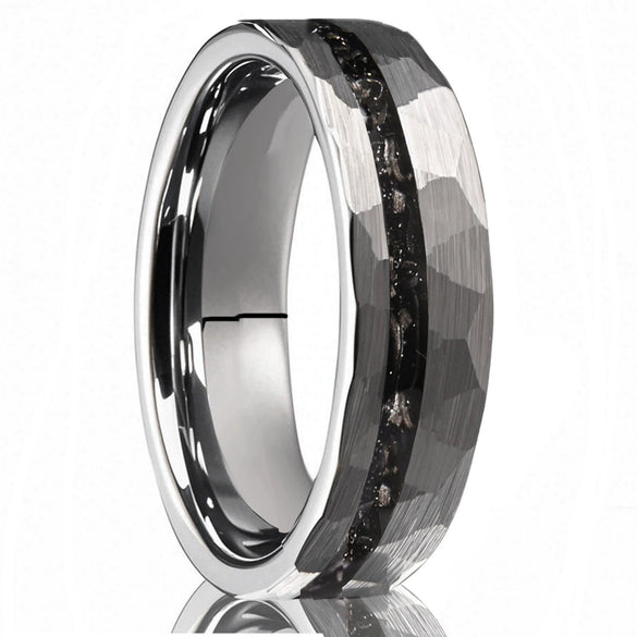 Wide Tungsten Steel Ring With Hammered Geometric Finish And Meteoriteinspired Inlay Minimalist Electroplated Unisex Jewelry