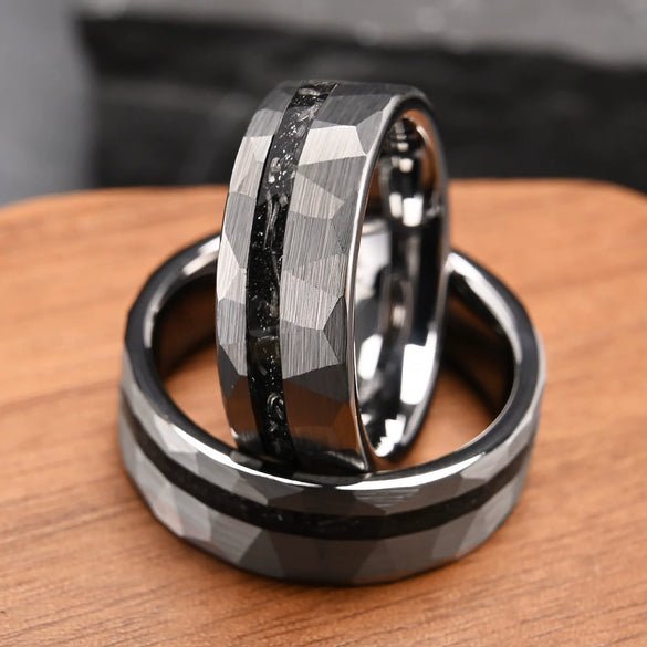 Wide Tungsten Steel Ring With Hammered Geometric Finish And Meteoriteinspired Inlay Minimalist Electroplated Unisex Jewelry