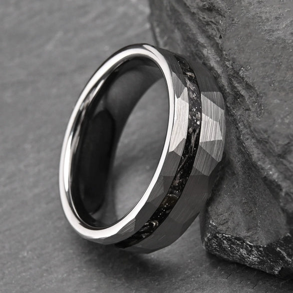 Wide Tungsten Steel Ring With Hammered Geometric Finish And Meteoriteinspired Inlay Minimalist Electroplated Unisex Jewelry