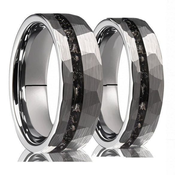 Wide Tungsten Steel Ring With Hammered Geometric Finish And Meteoriteinspired Inlay Minimalist Electroplated Unisex Jewelry
