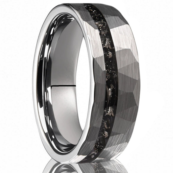 Wide Tungsten Steel Ring With Hammered Geometric Finish And Meteoriteinspired Inlay Minimalist Electroplated Unisex Jewelry