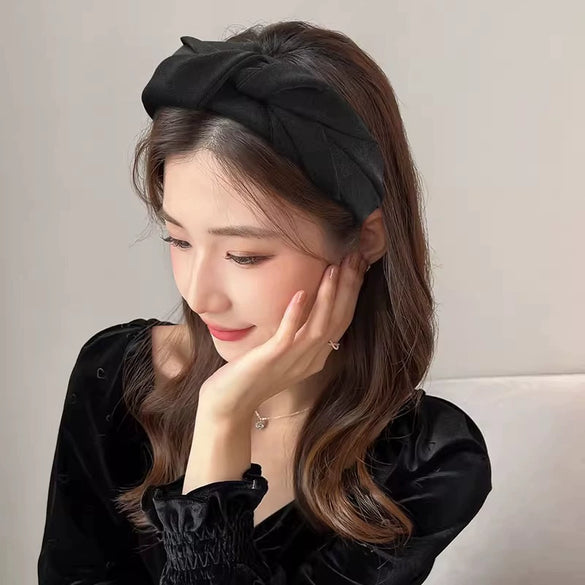 Widebrimmed Fabric Handmade Nonslip Women's Knot Headband Solid Color Retro Fashion