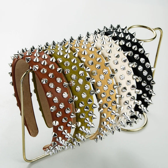 Widebrimmed Leather Headband Jewelry For Women With Rivets Handmade Trendy Cool Geometric Style