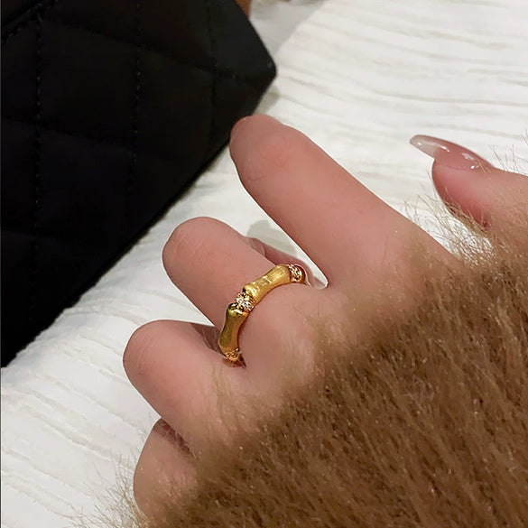 Wiredrawing Bamboo Copper Ring With Geometric Pattern Diamondencrusted Electroplated Open Design For Women Highend Sense